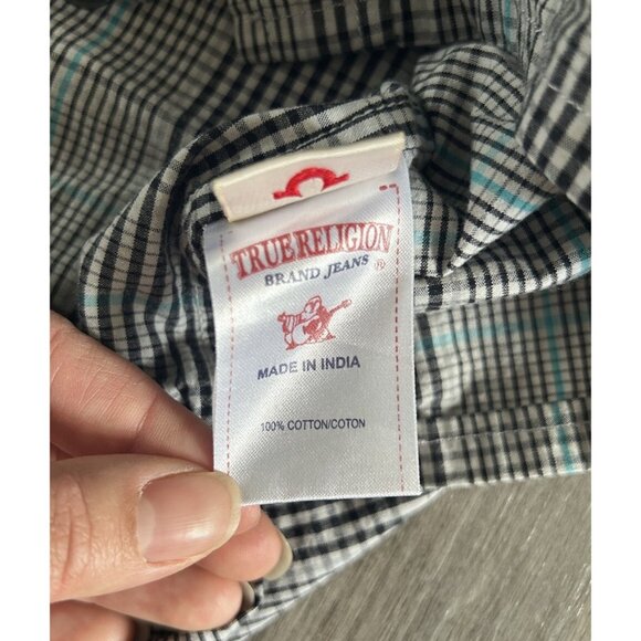 True Religion Shirt Mens Medium Blue Plaid Button Up Short Sleeve Morning Glory - Picture 5 of 9